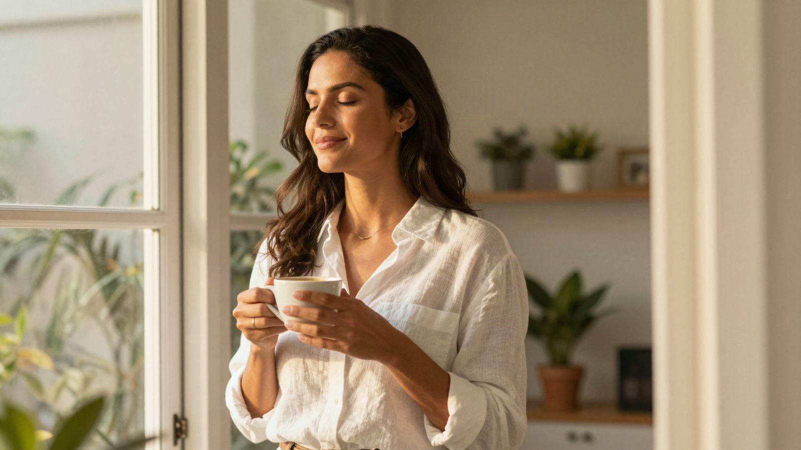 Mulher na janela pela manhã, de olhos fechados, sorrindo com uma xícara de café