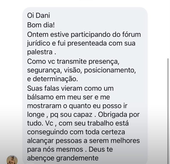 Mensagem: suas falas vieram como um bálsamo e me mostraram o quanto eu posso ir longe